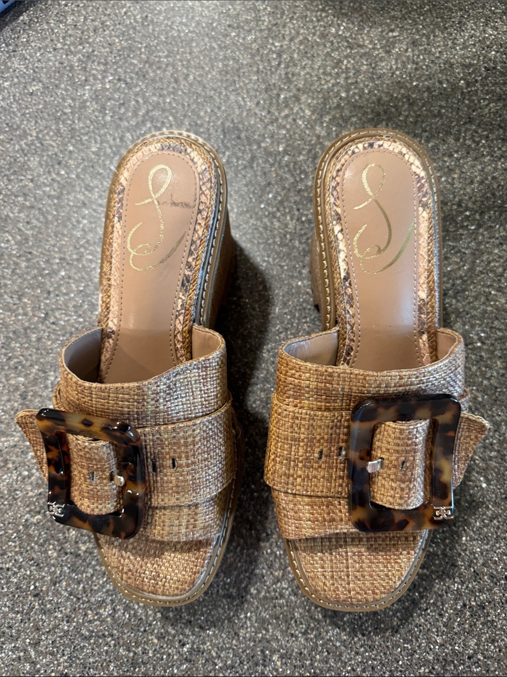 Sam Edelman Woven Tan Mule Slides with Tortoiseshell Buckle